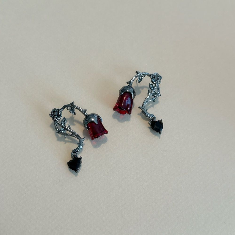 Free People Silver Rose Vine Earrings with Red Flower and Black Heart Drops